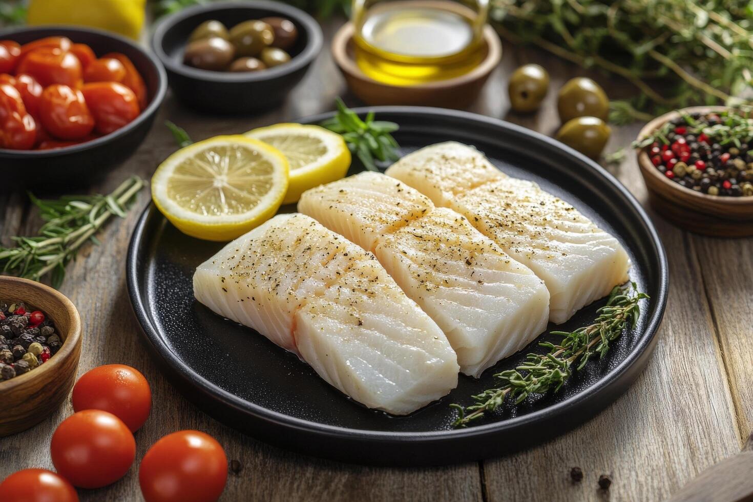 Freshly prepared fish fillets with herbs and vegetables ready for cooking in a rustic setting photo