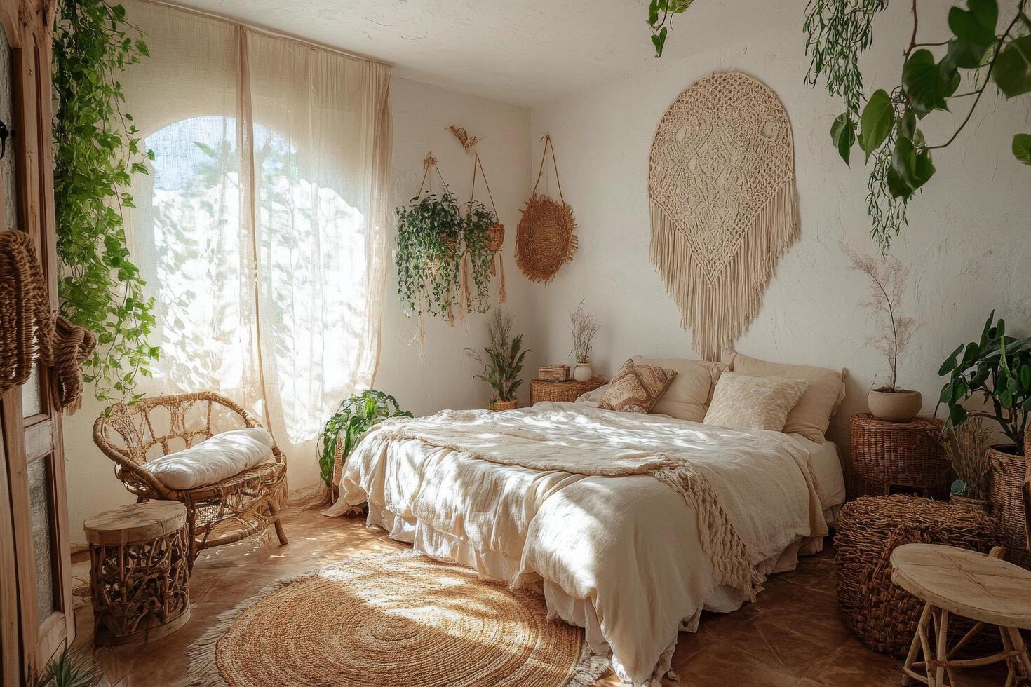 Cozy and inviting bedroom with natural decor and greenery in a sunlit space photo