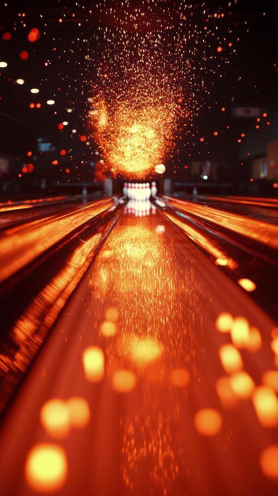 Bright sparks and glowing reflections on a bowling alley lane during an evening game event photo