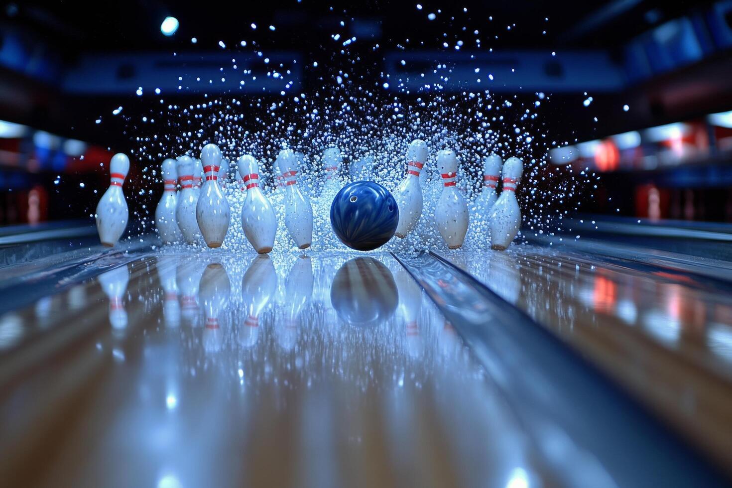 A bowling ball rolls toward a set of pins, creating a dynamic splash as they collide photo