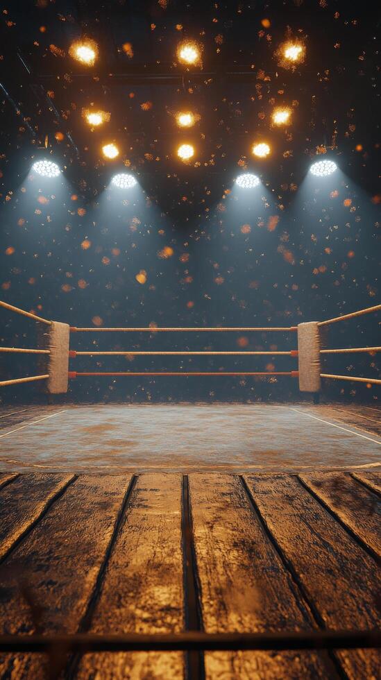 Illuminated boxing ring ready for a match with vibrant lights and a dramatic atmosphere photo
