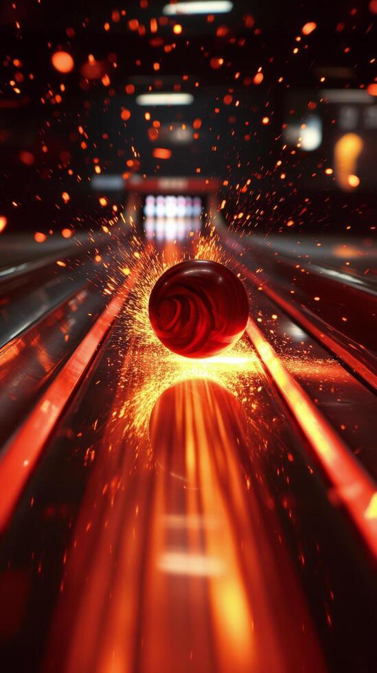 Bright sparks and glowing reflections on a bowling alley lane during an evening game event photo