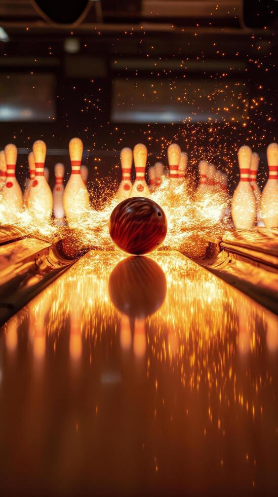 Bright sparks and glowing reflections on a bowling alley lane during an evening game event photo