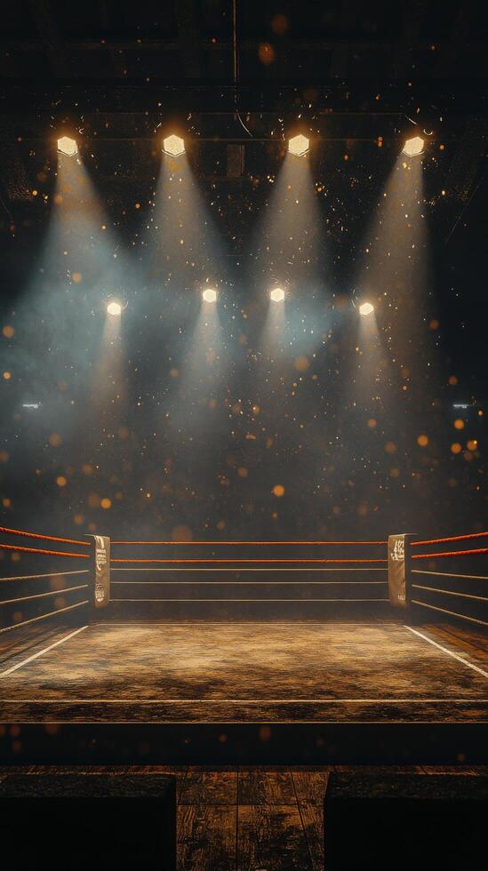 Illuminated boxing ring ready for a match with vibrant lights and a dramatic atmosphere photo