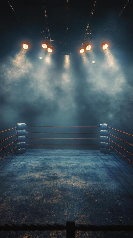 Illuminated boxing ring ready for a match with vibrant lights and a dramatic atmosphere photo