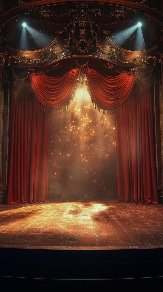 A historic theater stage illuminated by bright lights and smoke during a captivating performance photo
