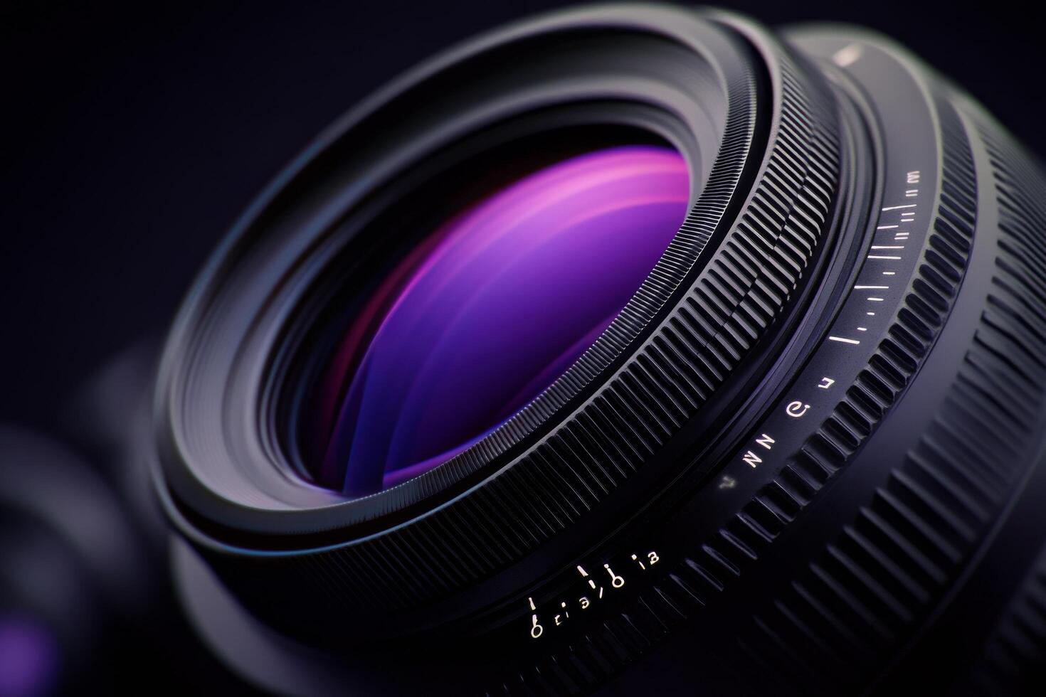 Close up view of a camera lens showcasing vibrant purple reflections and intricate details photo