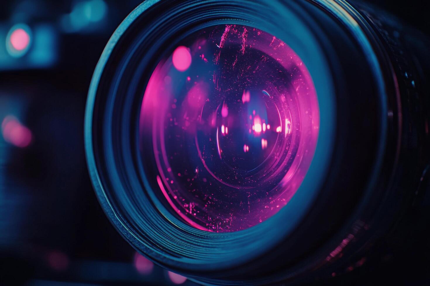 Close up view of a camera lens showcasing vibrant purple reflections and intricate details photo