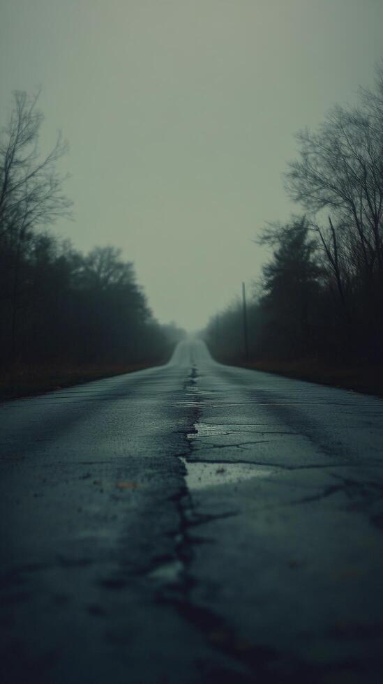 Dark and moody cracked road under stormy sky at dusk with ominous clouds gathering photo