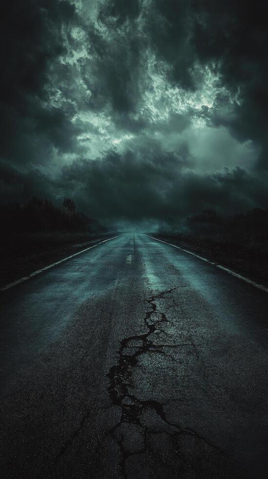 Dark and moody cracked road under stormy sky at dusk with ominous clouds gathering photo