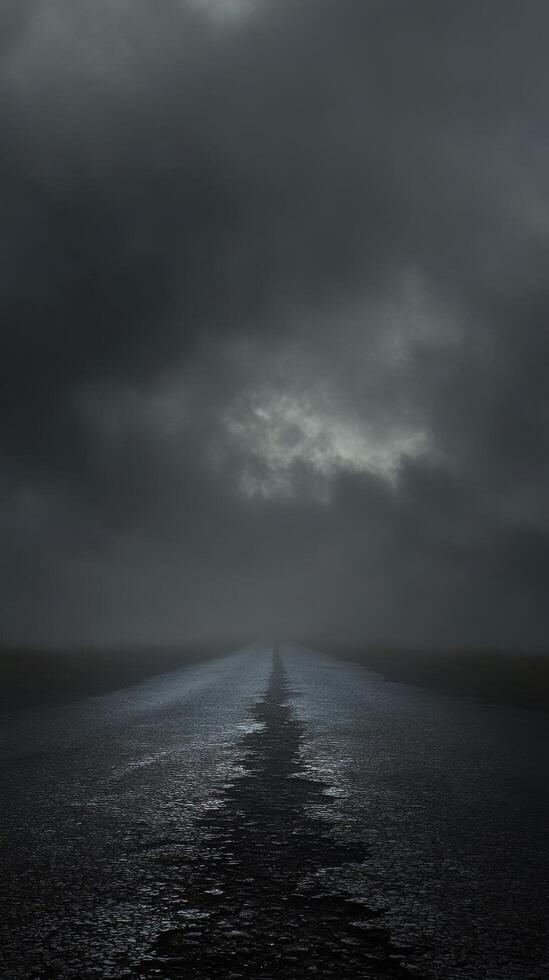 Dark and moody cracked road under stormy sky at dusk with ominous clouds gathering photo