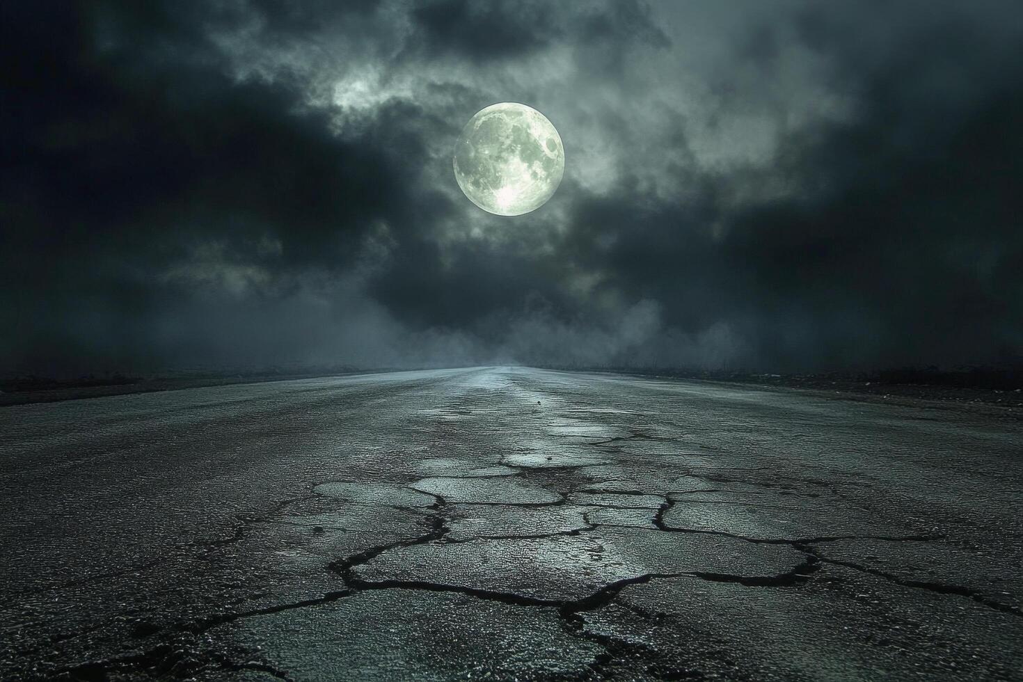A narrow road stretches into the distance under a bright full moon and dark storm clouds at night photo