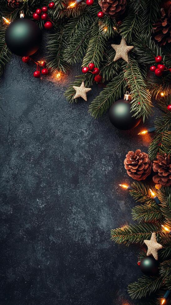 Festive Christmas wreath design featuring ornaments and pine cones on a dark background photo