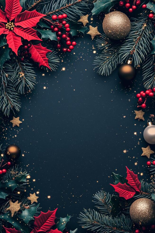 Festive holiday decoration with ornaments and pine leaves arranged artistically on a dark background photo