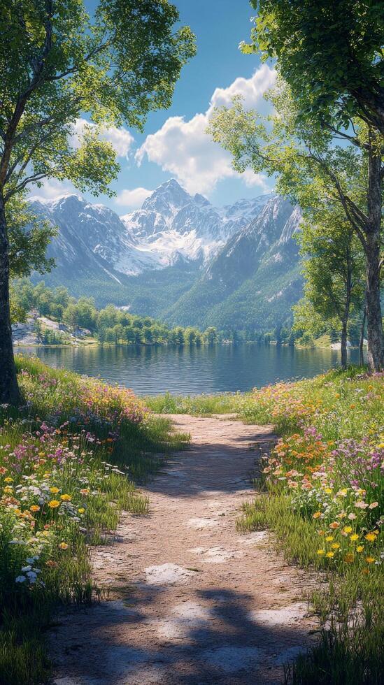 Scenic pathway leading to a serene lake surrounded by mountains and blooming flowers in daytime photo