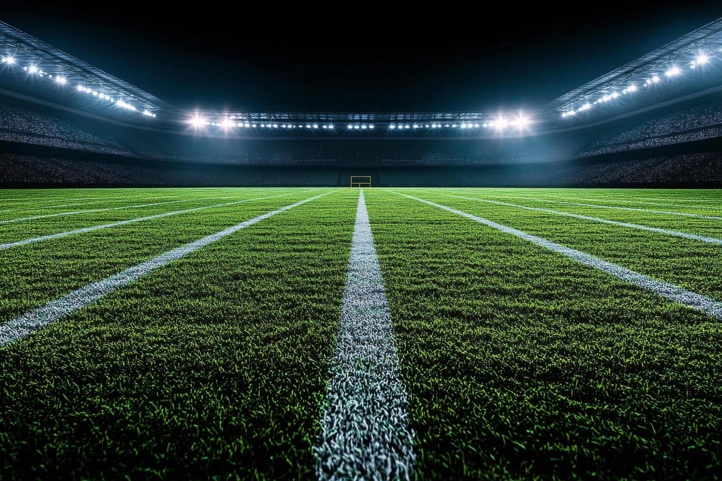 Nighttime view of a well maintained soccer field illuminated by stadium lights during a game photo