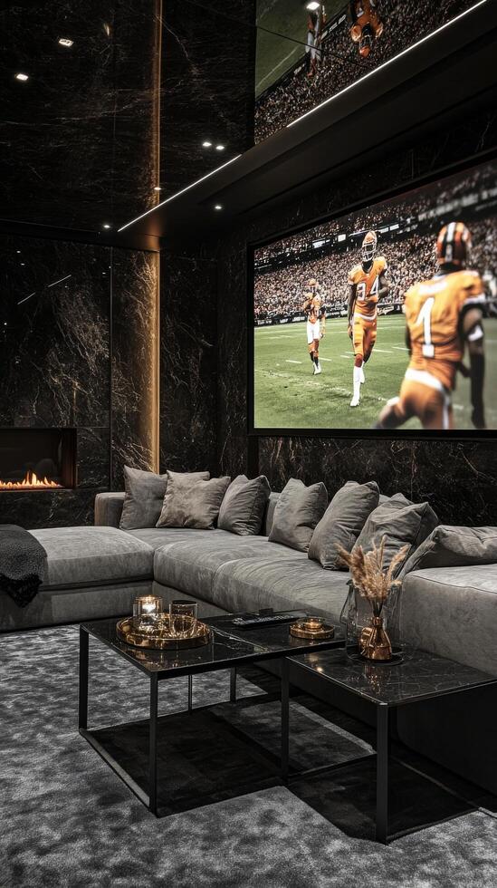 Luxurious living room with a large screen displaying a football game during an evening gathering photo
