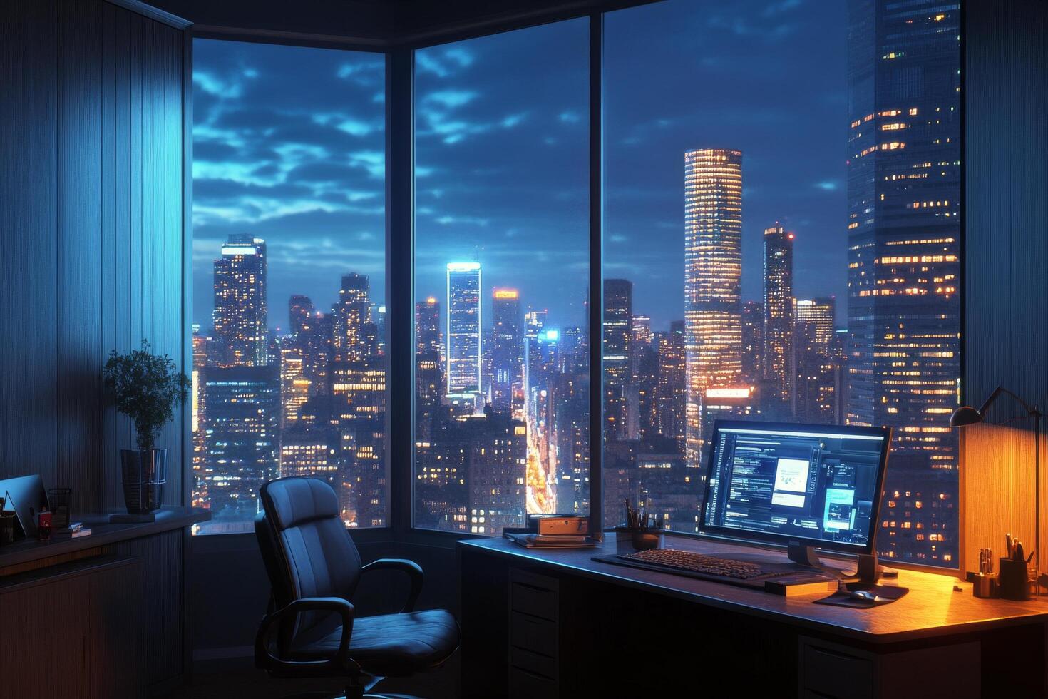 A modern office at night with a panoramic view of a city skyline illuminated by lights photo
