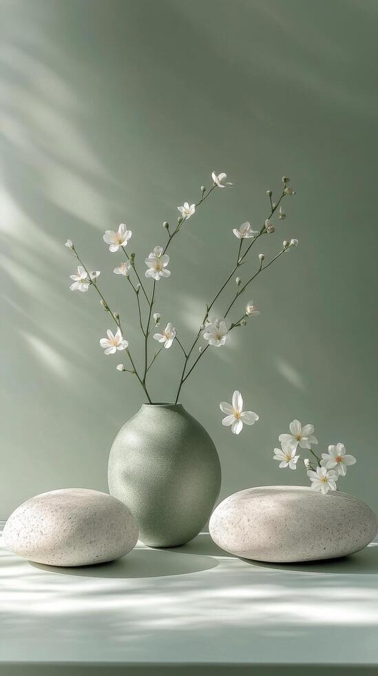 Elegant vase with delicate flowers and smooth stones on a calming green background photo