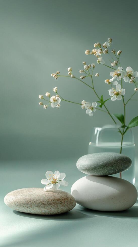 Elegant vase with delicate flowers and smooth stones on a calming green background photo