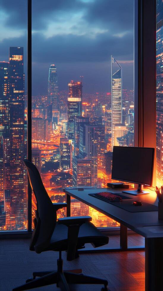 A modern workspace with a view of the illuminated New York City skyline at night photo