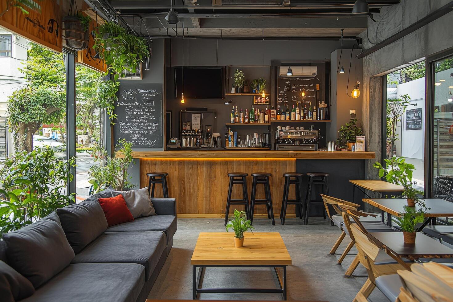 Cozy and modern cafe interior featuring a wooden bar and comfortable seating area photo