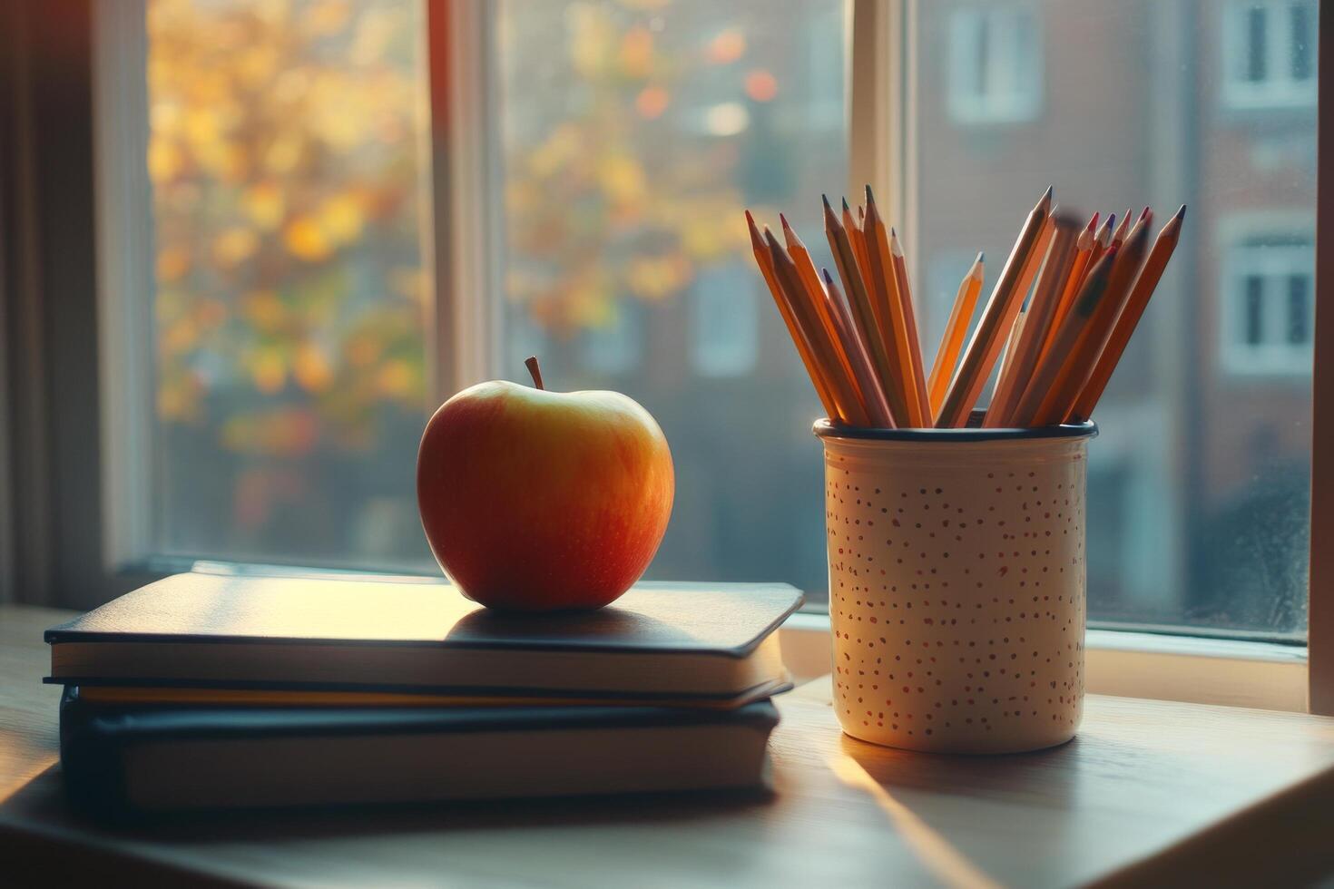 A cozy study corner featuring a fresh apple and sharpened pencils by the window in autumn light photo