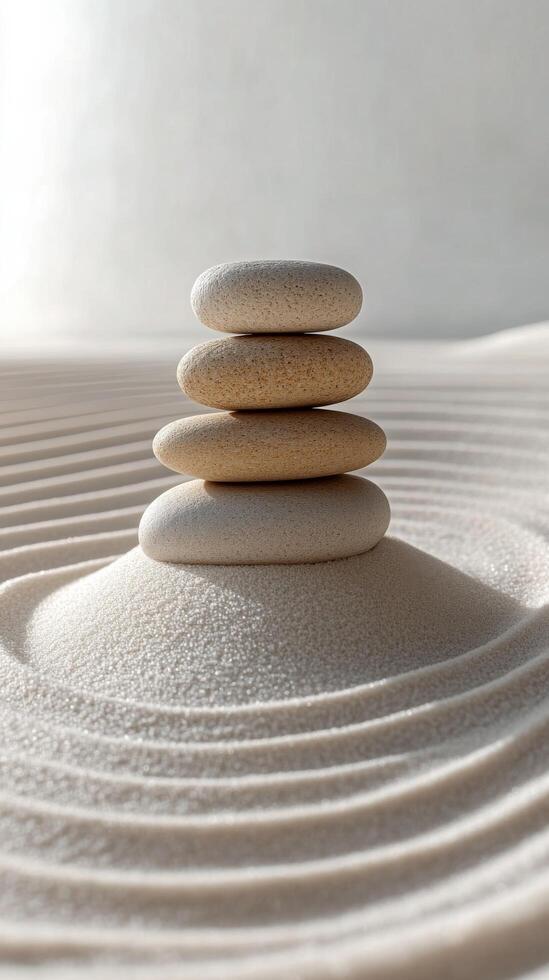 Balanced stone tower on smooth sand with gentle ripples in a tranquil environment photo