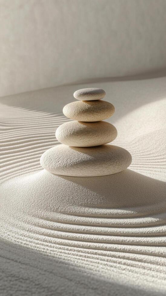 Balanced stone tower on smooth sand with gentle ripples in a tranquil environment photo