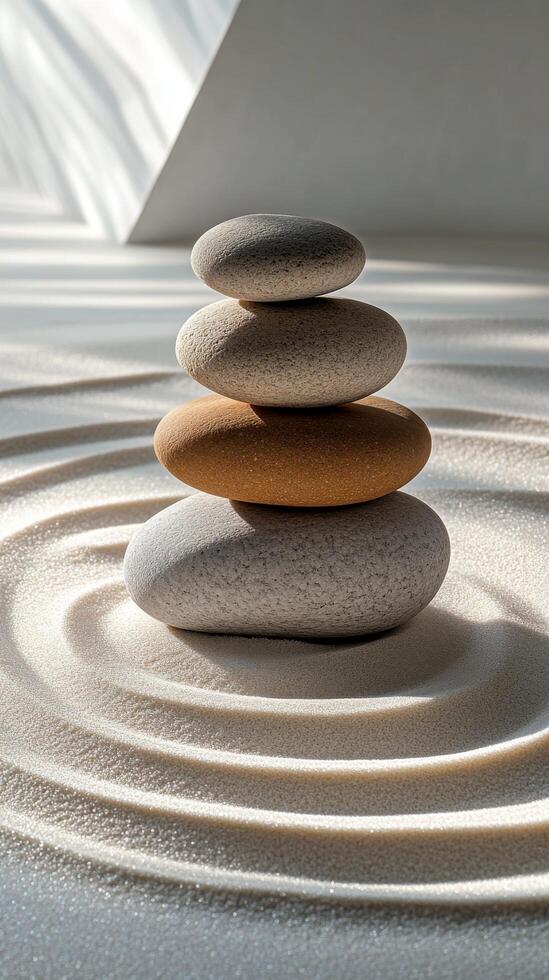 Balanced stone tower on smooth sand with gentle ripples in a tranquil environment photo