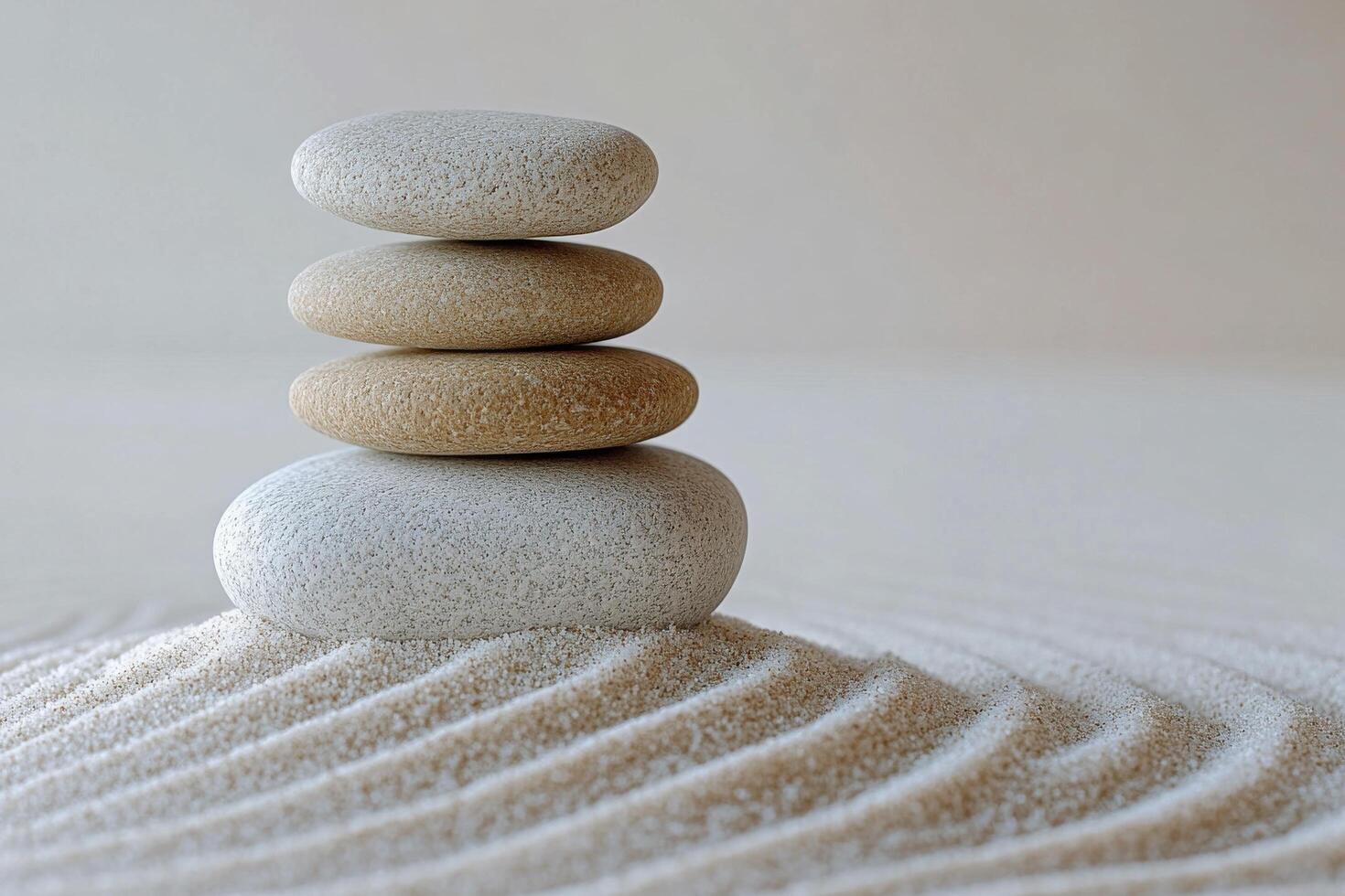 Tranquil stacked stones on a sandy surface with gentle ripples in the background photo