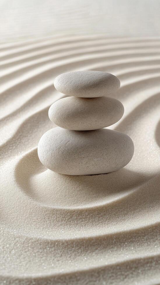 Balanced stone tower on smooth sand with gentle ripples in a tranquil environment photo