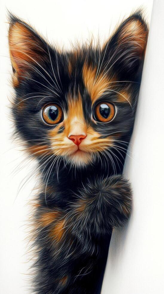A curious kitten peeks out from behind a wall with wide eyes and soft fur in a cozy indoor setting photo