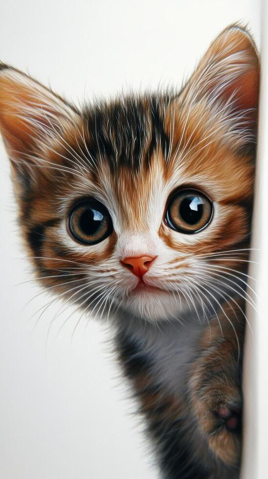 A curious kitten peeks out from behind a wall with wide eyes and soft fur in a cozy indoor setting photo