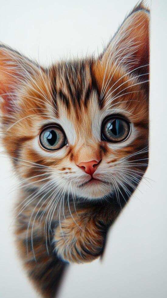 A curious kitten peeks out from behind a wall with wide eyes and soft fur in a cozy indoor setting photo