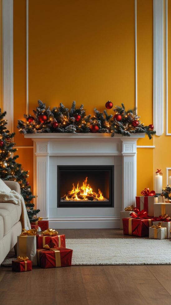 Cozy holiday living room with a fireplace adorned for Christmas near a decorated tree photo