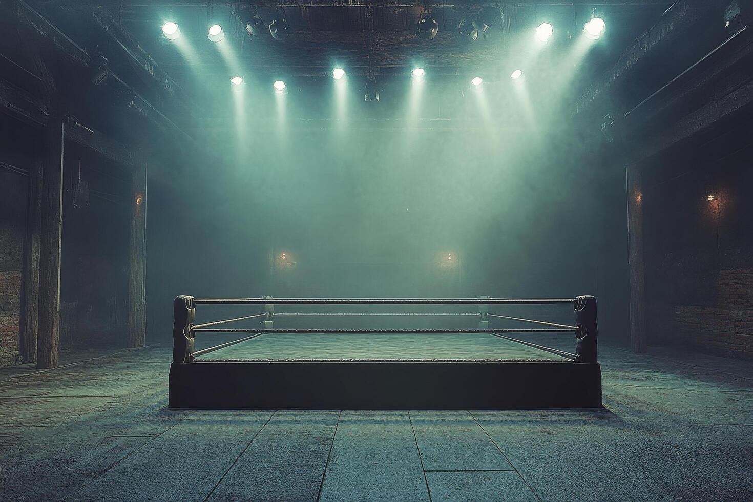 A dimly lit boxing ring with overhead lights illuminating the space before a match photo