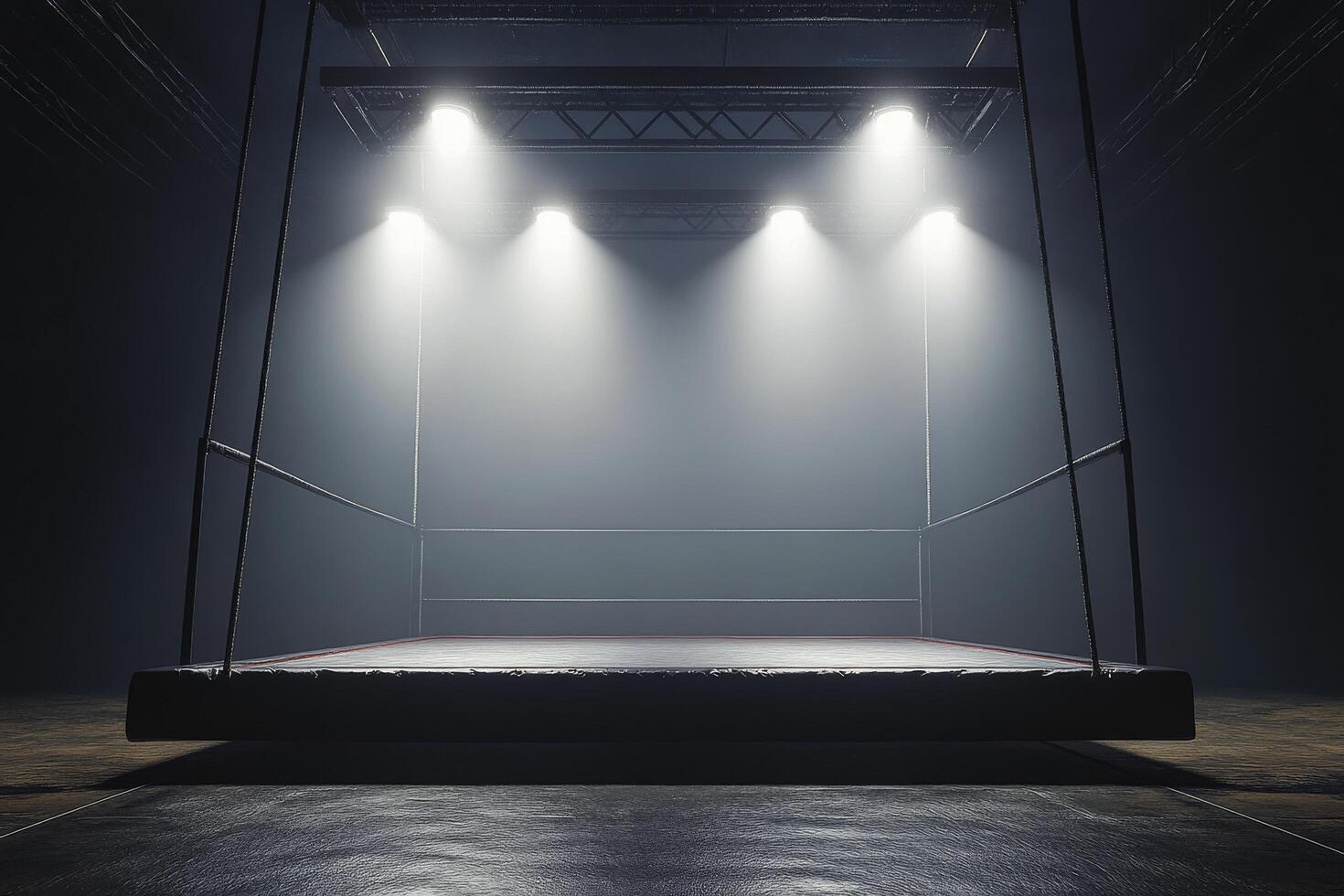 A dimly lit boxing ring with overhead lights illuminating the space before a match photo
