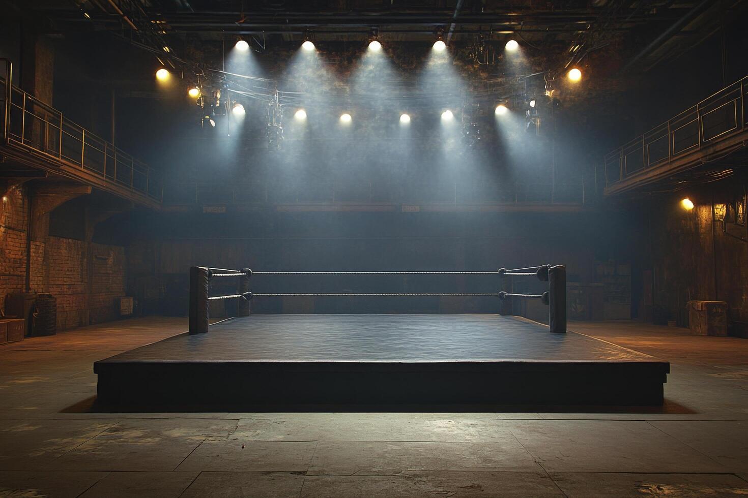 A dimly lit boxing ring with overhead lights illuminating the space before a match photo