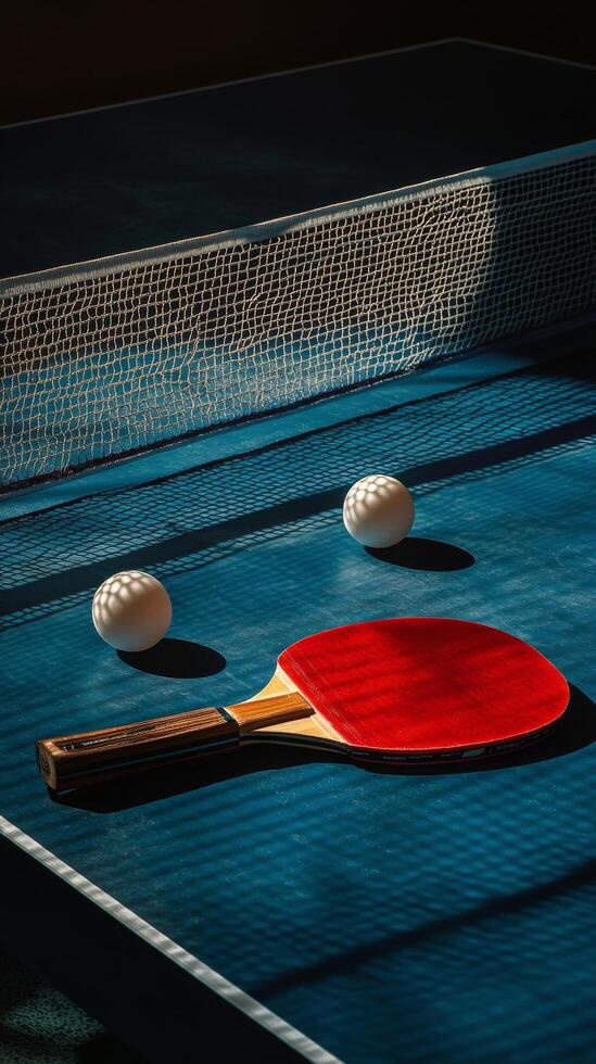 A red table tennis paddle rests on a blue surface alongside three white balls during daylight photo