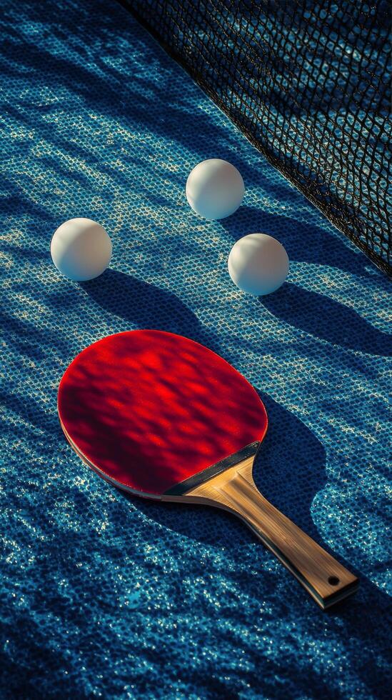A red table tennis paddle rests on a blue surface alongside three white balls during daylight photo