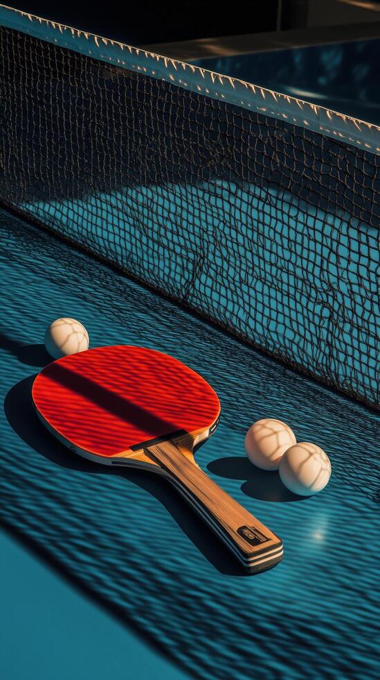 A red table tennis paddle rests on a blue surface alongside three white balls during daylight photo