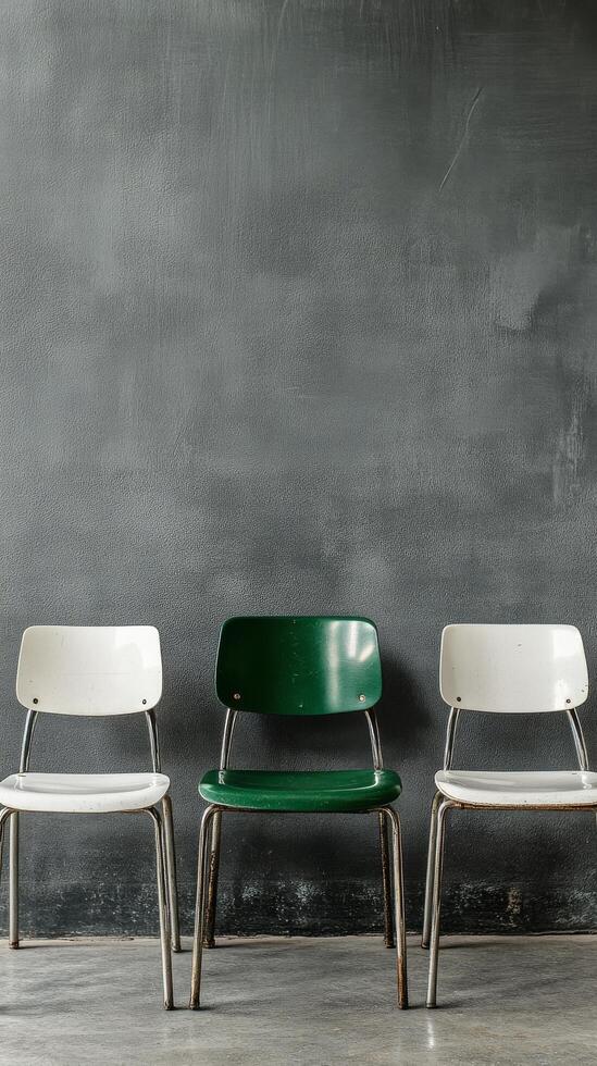 Three modern chairs in a minimalist interior with a grey wall in a contemporary setting photo