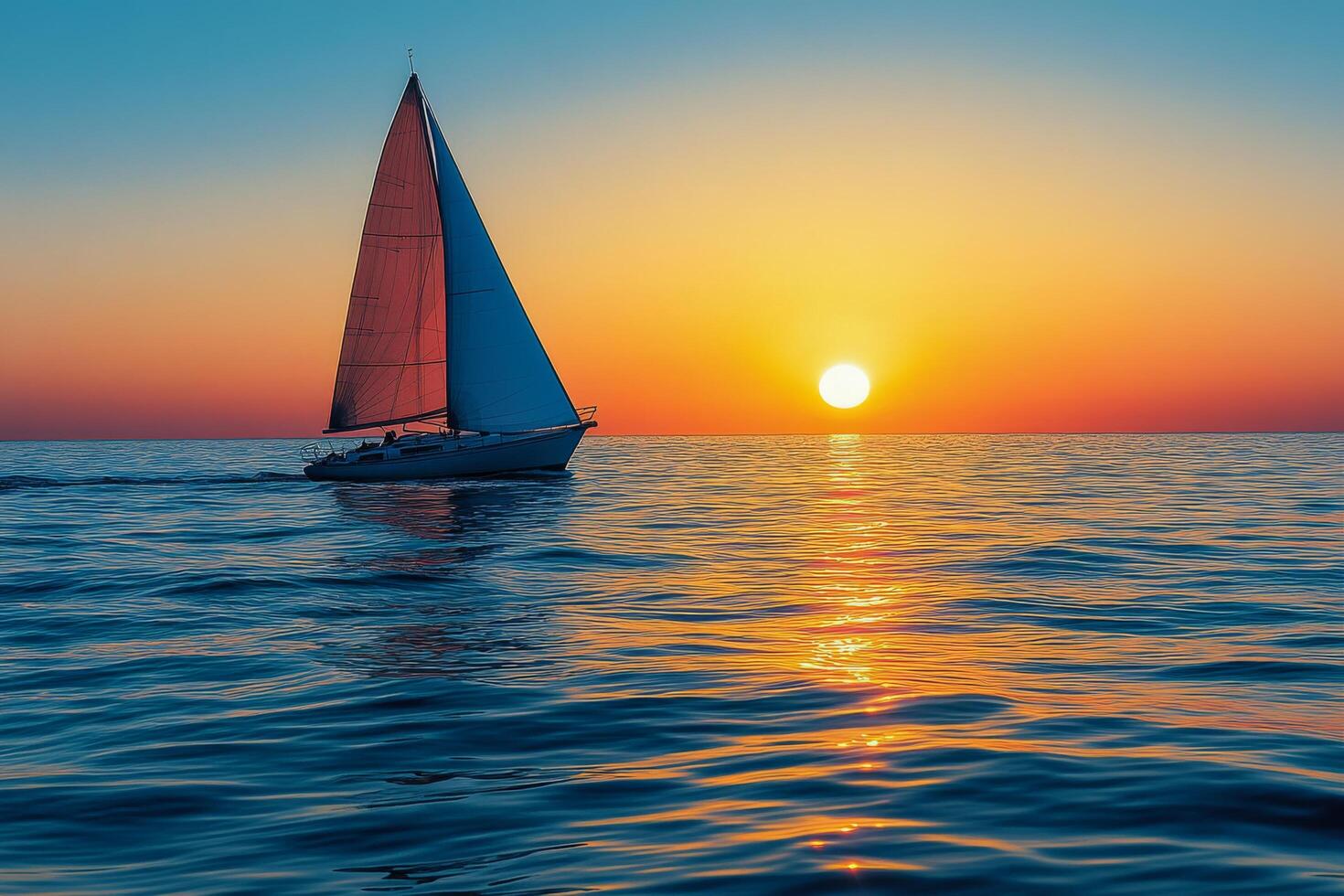 A sailboat gliding across calm waters at sunset with vibrant colors on the horizon photo