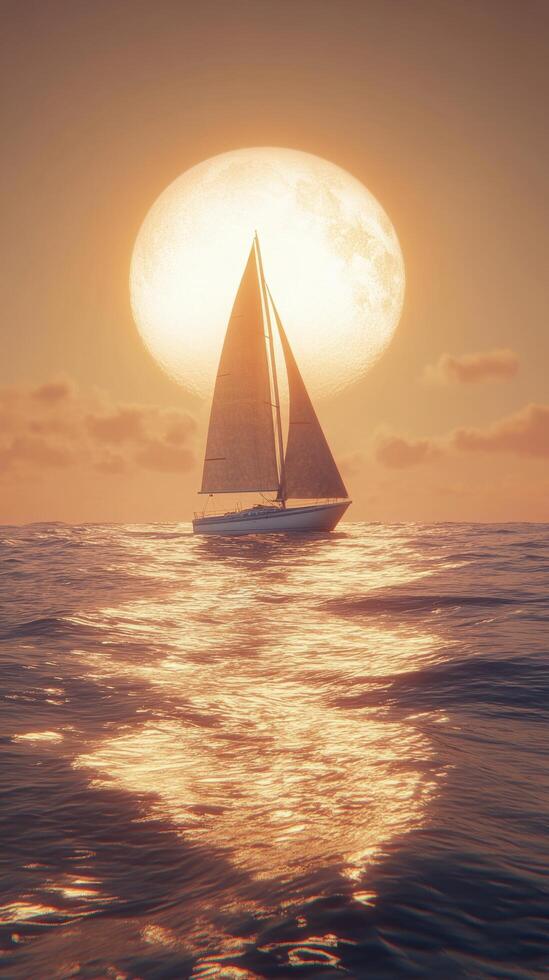 A sailboat gliding across reflective waters at sunset near a distant horizon under a large sun photo