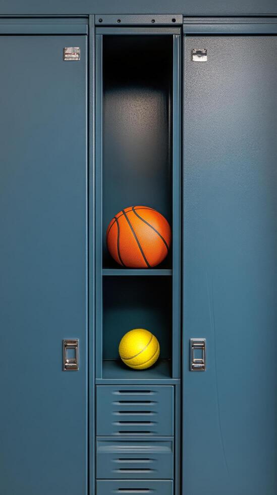 Storage locker filled with yellow tennis balls and one basketball in a sports facility photo
