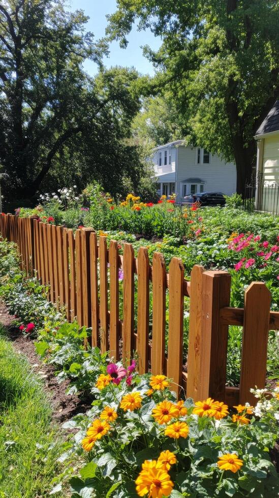 Serene garden with wooden fence and colorful flowers in bright sunlight on a warm day photo