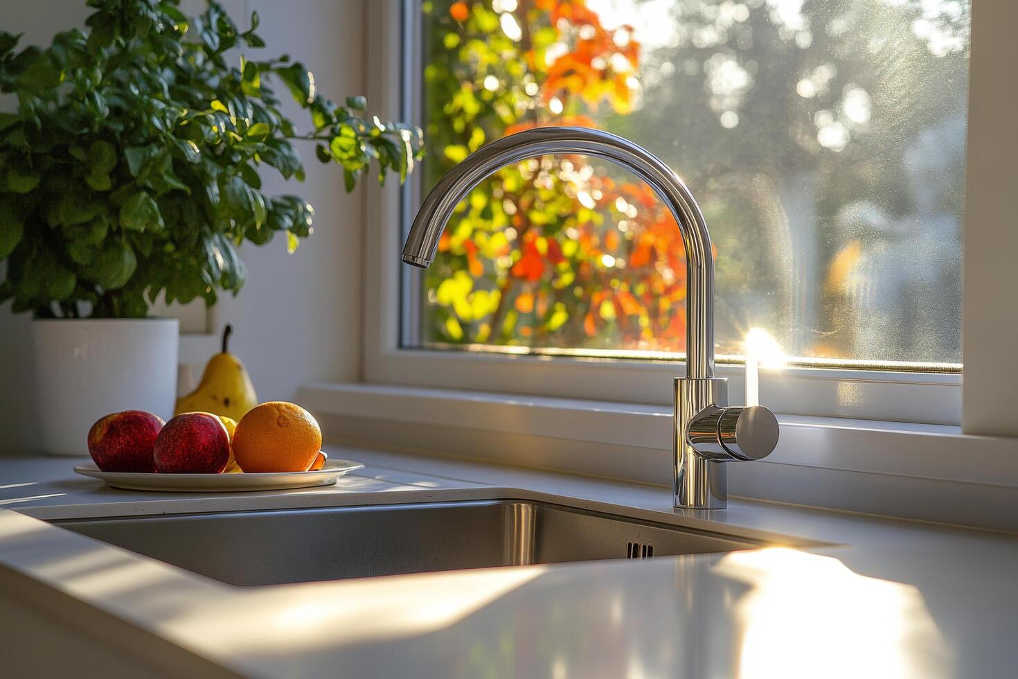 Modern kitchen faucet with fresh apples on the counter during bright daylight photo