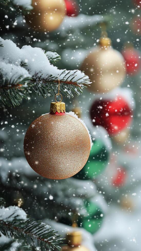Decorative gold and red ornaments on a snow covered Christmas tree in a winter landscape photo