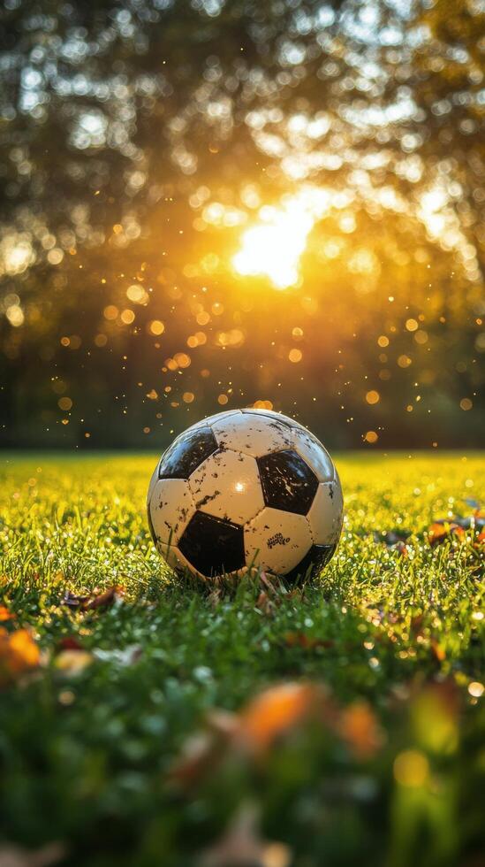 A soccer ball rests on colorful leaves as sunlight creates a warm golden atmosphere photo